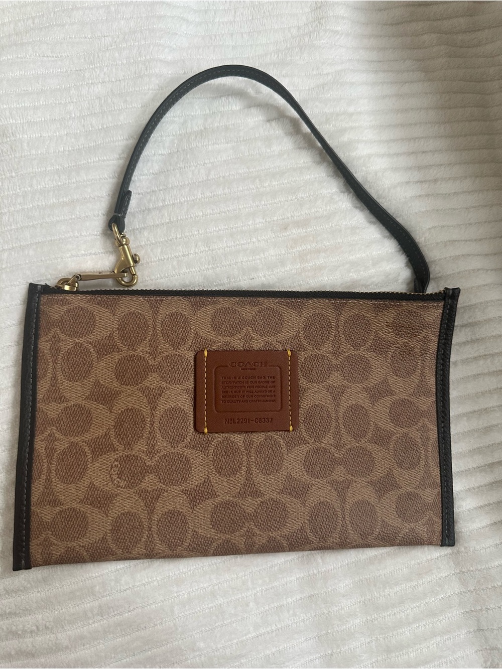 Coach Brown Signature Canvas Wristlet with Black Strap